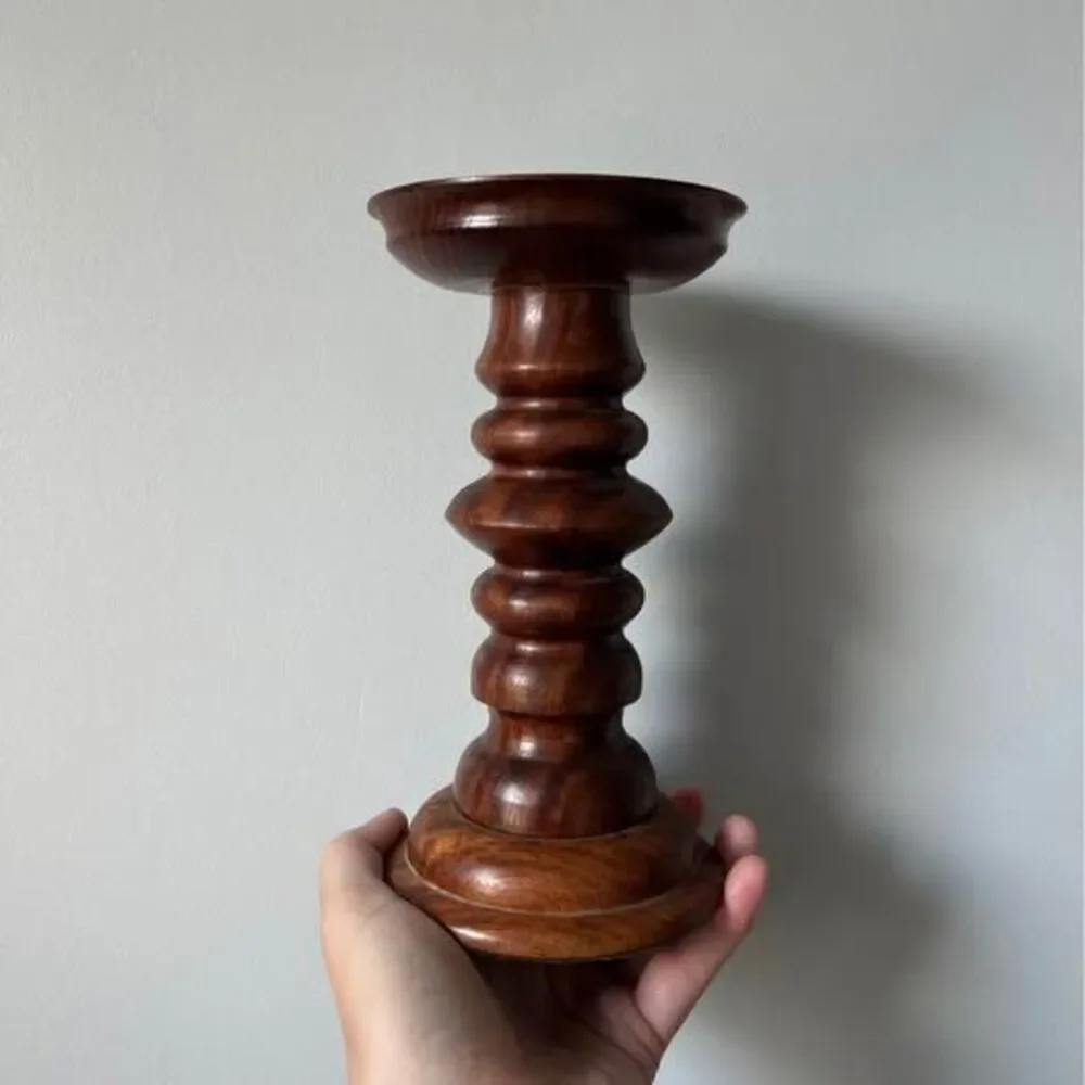 Pair of MCM Dark Brown Wood Pillar Candle Holders